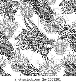Motif harmonieux d'illustrations fantastiques de dragons et d'éléments décorés sur fond blanc. Arrière-plan Image vectorielle line art avec concept mystique, épique et aventures 