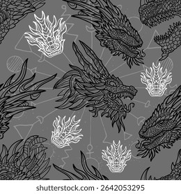 Motif harmonieux d'illustrations fantastiques de dragons et d'éléments décorés. Arrière-plan Image vectorielle line art avec concept mystique, épique et aventures 