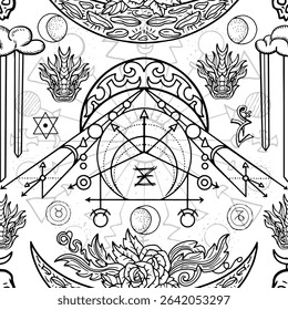 Motif harmonieux avec des illustrations fantastiques de lune, rose, géométrie sacrée, symboles mystiques et éléments décorés. Arrière-plan Image vectorielle line art avec concept vintage, épique et aventures 