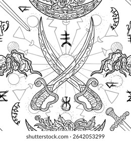 Motif harmonieux d'illustrations fantastiques d'épées, de démons, de signes mystiques et d'éléments décorés. Arrière-plan Image vectorielle line art avec concept vintage, épique et aventures 