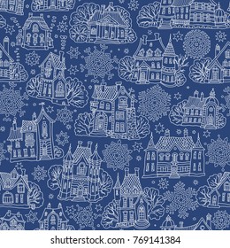 Seamless pattern of fantasy landscape with Christmas star and snowflakes. Fairy tale castle, old town houses. Hand drawn doodle sketch. Wrapping print. New Year wrapping paper, batik. Blue and white 