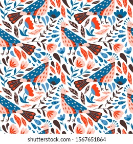 Seamless pattern with fantasy magic birds and flowers with doodle ornaments. Hand drawn flat style texture with stylized  decorative floral elements. Scandinavian style. Traditional decor. Vector 