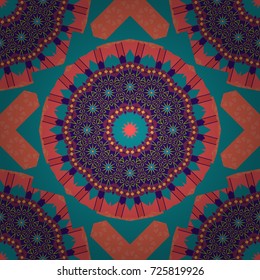 Seamless pattern with fantasy mandalas, blue, violet and orange floral decoration curl illustration. Vector paisley print elements. Home decor, embroidery.