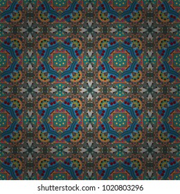 Seamless pattern with fantasy mandalas, brown, green and blue floral decoration curl illustration. Vector paisley print elements. Home decor, embroidery.