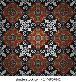 Seamless pattern with fantasy mandalas, gray, brown and blue floral decoration curl illustration. Home decor, embroidery. Vector paisley print elements.
