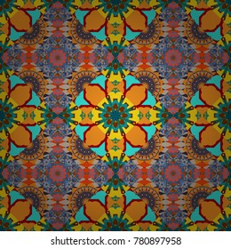 Seamless pattern with fantasy mandalas, yellow, red and blue floral decoration curl illustration. Vector paisley print elements. Home decor, embroidery.