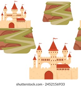 Seamless pattern of fantasy medieval stone castle with towers gate standing on a high mountain vector illustration on white background