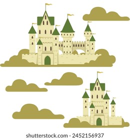 Seamless pattern fantasy medieval stone castle with towers and gate staying in green forest style vector illustration on white background