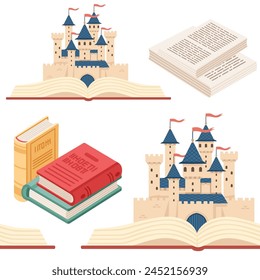 Seamless pattern of fantasy medieval stone castle with towers gate with big books style vector illustration on white background