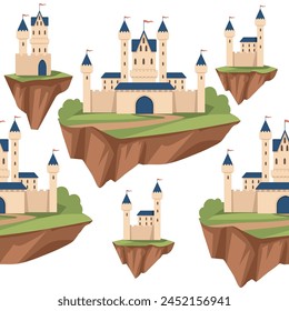 Seamless pattern of fantasy medieval stone castle with towers gate floating in the sky on big piece of ground vector illustration on white background