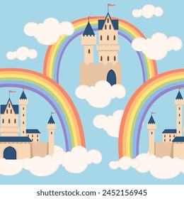 Seamless pattern fantasy medieval stone castle with towers gate flying in the sky on white cloud with rainbow vector illustration on blue background