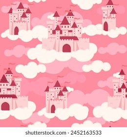 Seamless pattern of fantasy medieval stone castle with towers and gate floating in the sky on white cloud vector illustration on white background
