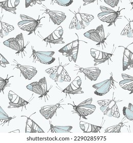 Seamless pattern with fantasy moths, butterflies in pencil drawing sketch. Happy summer illustration. Wallpaper, textile, backgound for kids