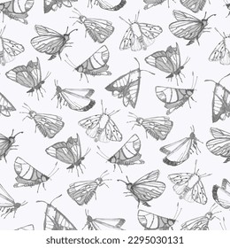 Seamless pattern with fantasy moths, butterflies in pencil drawing sketch. Happy summer illustration. Wallpaper, textile, backgound for kids