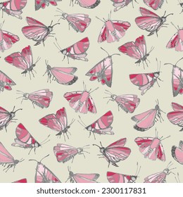 Seamless pattern with fantasy moths, butterflies in pencil drawing sketch. Happy summer illustration. Wallpaper, textile, backgound for kids