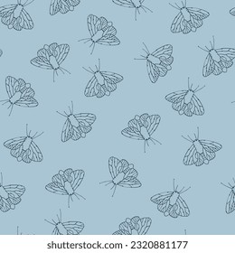 Seamless pattern with fantasy moths, butterflies in pencil drawing sketch. Happy summer illustration. Wallpaper, textile, backgound for kids