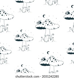 Seamless pattern with  fantasy mushroom, moon and leaves. Celestial fungi background with stars and space.