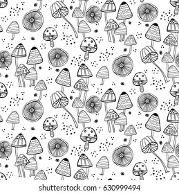 Seamless pattern with fantasy mushrooms.