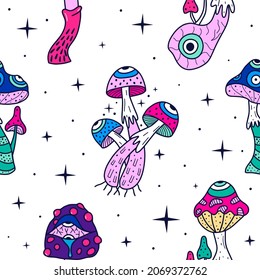 Nahtloses Muster mit Fantasiepilzen. Psychedelischer Stil. Farbiger Hintergrund-Cartoon-Stil.
