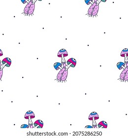 Patrón sin foco con hongos de fantasía. Estilo psicodélico. Arte estotérico. Fondo de dibujos animados vectores.