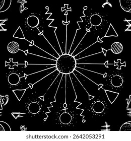 Motif harmonieux de symboles fantastiques et mystiques, géométrie sacrée et éléments décorés sur fond noir. Arrière-plan Image vectorielle line art avec concept vintage, épique et aventures 
