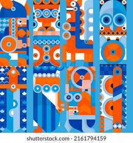 Seamless pattern in a fantasy Nordic style. Viking northern valkyrie fantasy. Orange and blue pattern for textiles and wallpapers. Warrior virgins and battle emblems