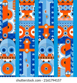Nahtloses Muster in einer fantasievollen nordischen Tradition. Schwerter und Äxte. Cups und Helme. Die Fantasie des Nordens. Orangefarbene und blaue Valhalla-Muster für Textilien und Wallpaper