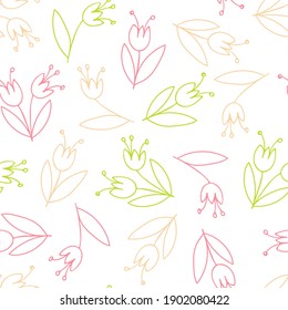 Seamless Pattern with fantasy pastel flowers. Hand drawn color vector illustration. Sketch isolated on white background. For print , textile, fabric, wrapping paper, wallpaper, scrapbooking.
