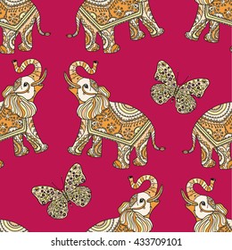Seamless pattern with fantasy patterned elephant. Ethnic tribal styled pattern. Colored zentangle animal. Boho design. Vector.