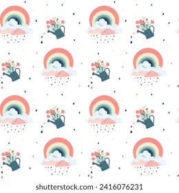 Patrón sin foco con arcos de fantasía y latas de agua. Fondo creativo de primavera, fondo de pantalla.