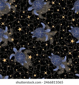 Seamless pattern with fantasy starry turtles swimming in the space ocean of stars. Cute tortoise cartoon character in cosmos, flat vector illustration.