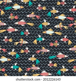 Seamless pattern with fantasy tropical fish in dark water in cartoon style. Wallpaper, backgound for kids