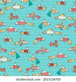 Seamless pattern with fantasy tropical fish in turquoise water in cartoon style. Wallpaper, backgound for kids