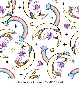 Seamless pattern of fantasy unicorn reading book on the Moon.