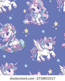 Patrón sin fisuras, unicornios de fantasía en un tema de noche de ensueño. Juguetones personajes de unicornio voladores y sentados con alas, detalles florales y suaves estrellas brillantes sobre un fondo azul-violeta. 