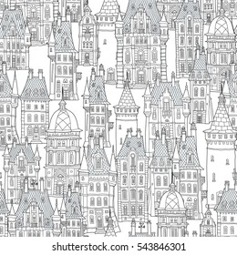 Seamless pattern of fantasy urban landscape. Fairy tale castle, old medieval town. Hand drawn doodle sketch, house, tower.T-shirt print. Coloring book page for adults, children. Black and white