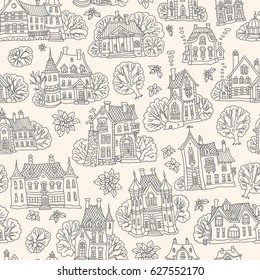 Seamless pattern of fantasy urban landscape. Fairy tale castle, old town houses. Hand drawn doodle sketch on a light beige background.Black and beige print, adults and children coloring book page