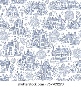 Seamless pattern of fantasy urban landscape with Christmas star and snowflakes. Fairy tale castle, old town houses. Hand drawn doodle sketch. T-shirt print. Coloring book page for adults, children. 