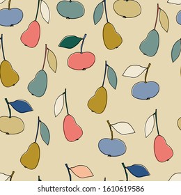 Seamless pattern with fantasy-style apples and pears for surface design, posters, illustrations. Isolated elements on light-coloured background. Healthy foods, veganism theme