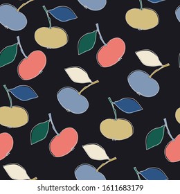 Seamless pattern with fantasy-style apples for surface design, posters, illustrations. Isolated elements on black background. Healthy foods, veganism theme