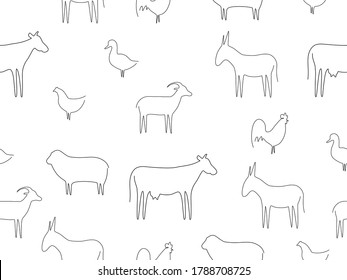 Seamless pattern farm animal background. Farm animals line contour vector illustration isolated on white background. Cow, duck, goat, donkey, sheep and cock outline.