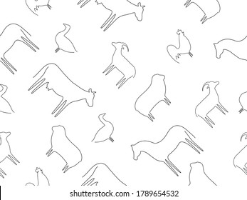 Seamless pattern farm animal background. Farm animals sheep, horse, cow, goat, cock and goose line contour vector illustration.