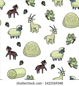 seamless pattern from farm animals. Calf, goat, sheep, hay. Suitable for printing on fabric or packaging.
