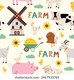 Seamless pattern with farm animals. Farm. Children's cute print. Cow, pig, goat, goose, mill. Vector illustration in flat style. Design for print, fabric, textile, wallpaper, wrapping.