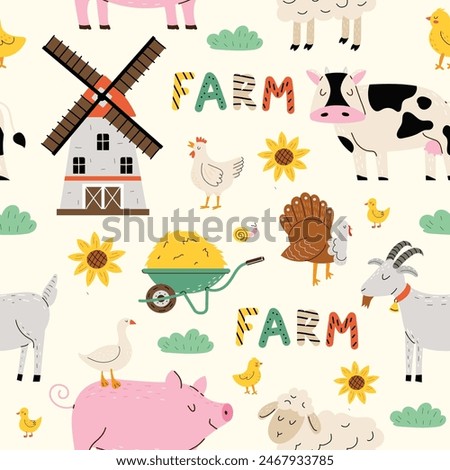 Seamless pattern with farm animals. Farm. Children's cute print. Cow, pig, goat, goose, mill. Vector illustration in flat style. Design for print, fabric, textile, wallpaper, wrapping.