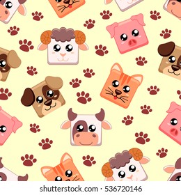 Seamless pattern with farm animals. Cow, cat, dog, pig, sheep