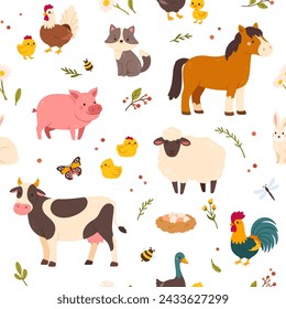 Seamless pattern with farm animals. Cute cow, funny pig, little horse, sheep background. Country barn with farmed pets. Kid print with rural landscape. Vector texture. Village livestock