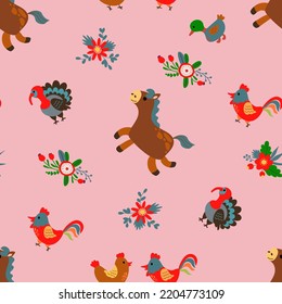 Seamless pattern with farm animals. Design for fabric, textile, wallpaper, packaging.	