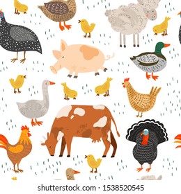 Seamless pattern with farm animals and domestic fowl, agricultural birds.  Flat cartoon isolated illustration. Hand drawn vector characters. Chickens, sheep, duck, cow, pig, turkey, cock, guinea fowl.