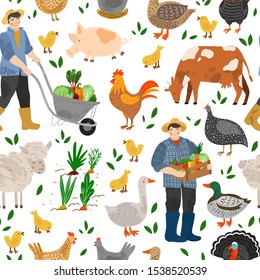 Seamless pattern with farm animals, farmers workers, agricultural domestic fowl, vegetables. Flat cartoon illustration. Hand drawn vector. Chicken, sheep, duck, cow, pig, turkey, cock, guinea fowl.